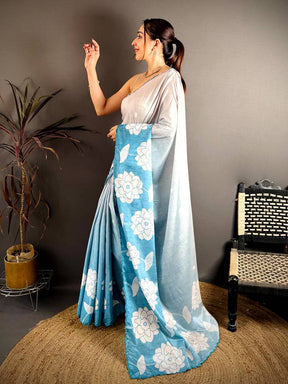 Royal Floral Print Embroidered Chinnon Saree