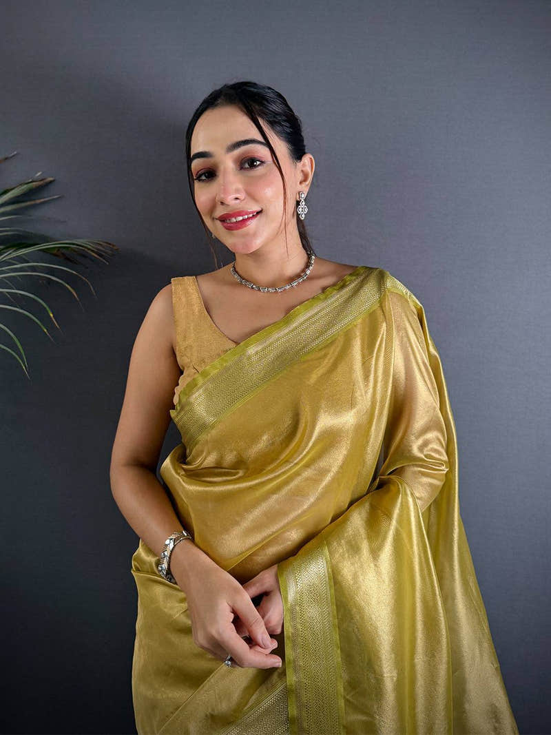 Radiant Green Gold Zari Tissue Saree