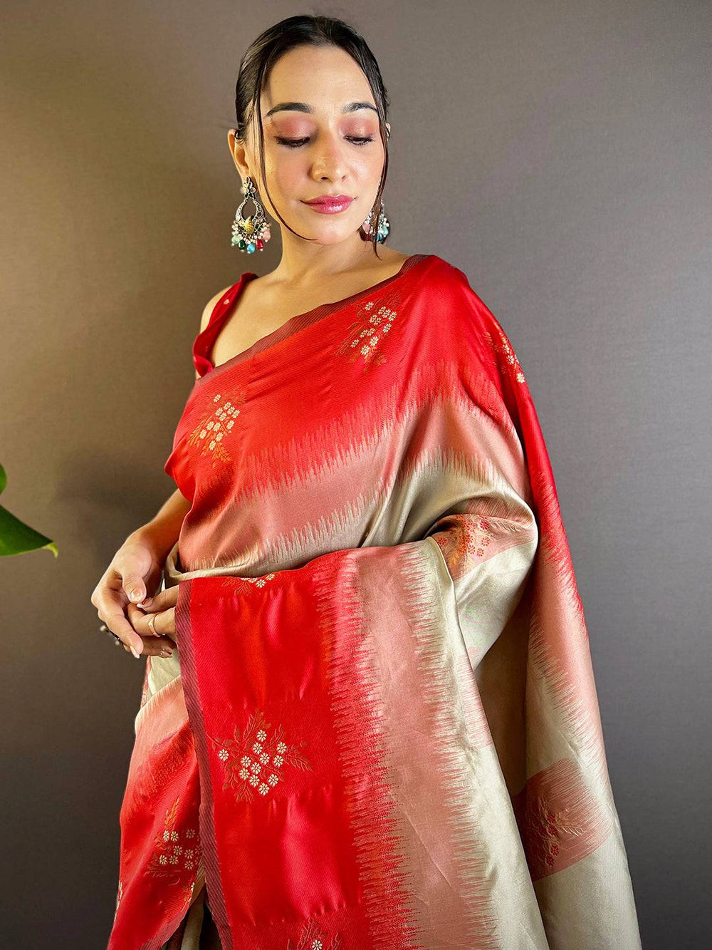 Red Sami Banarasi Tussar Silk Saree with intricate ikkat pattern