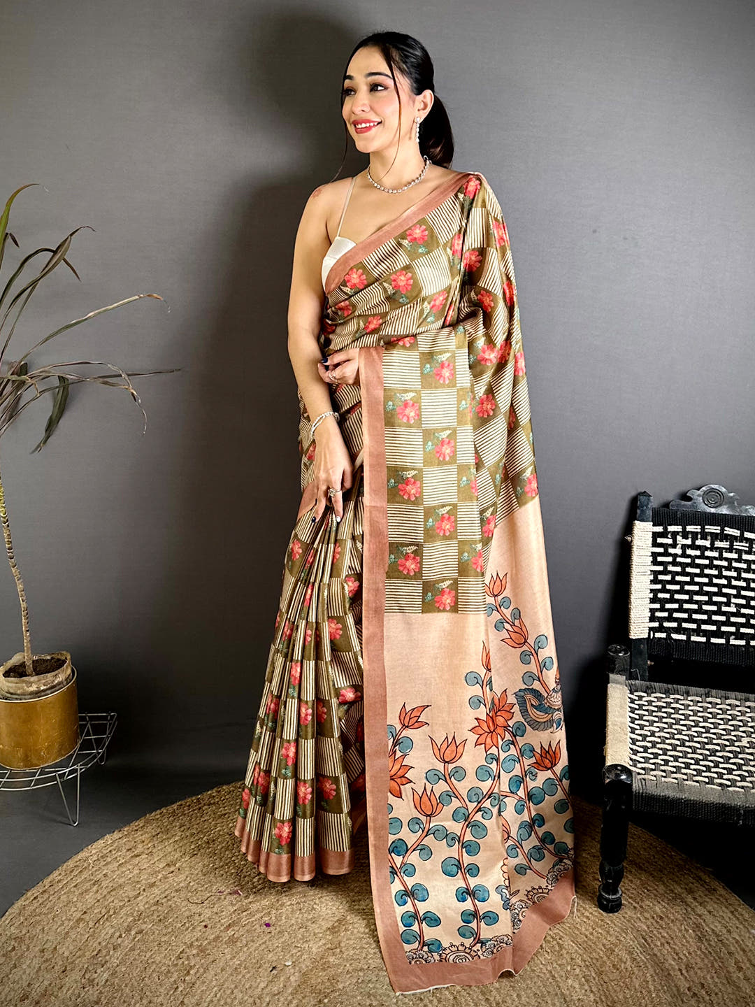 Soft Tussar Striped Check Print Saree