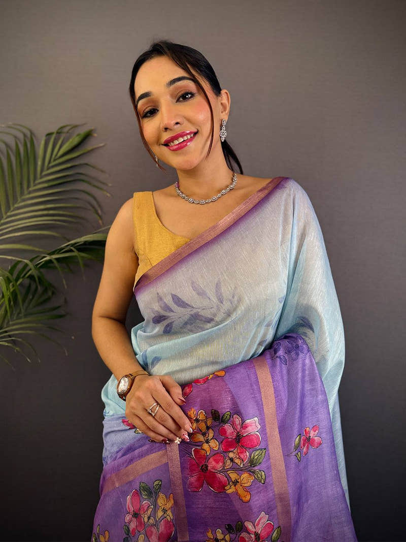 Sky Blue Linen Chanderi Floral Print Saree