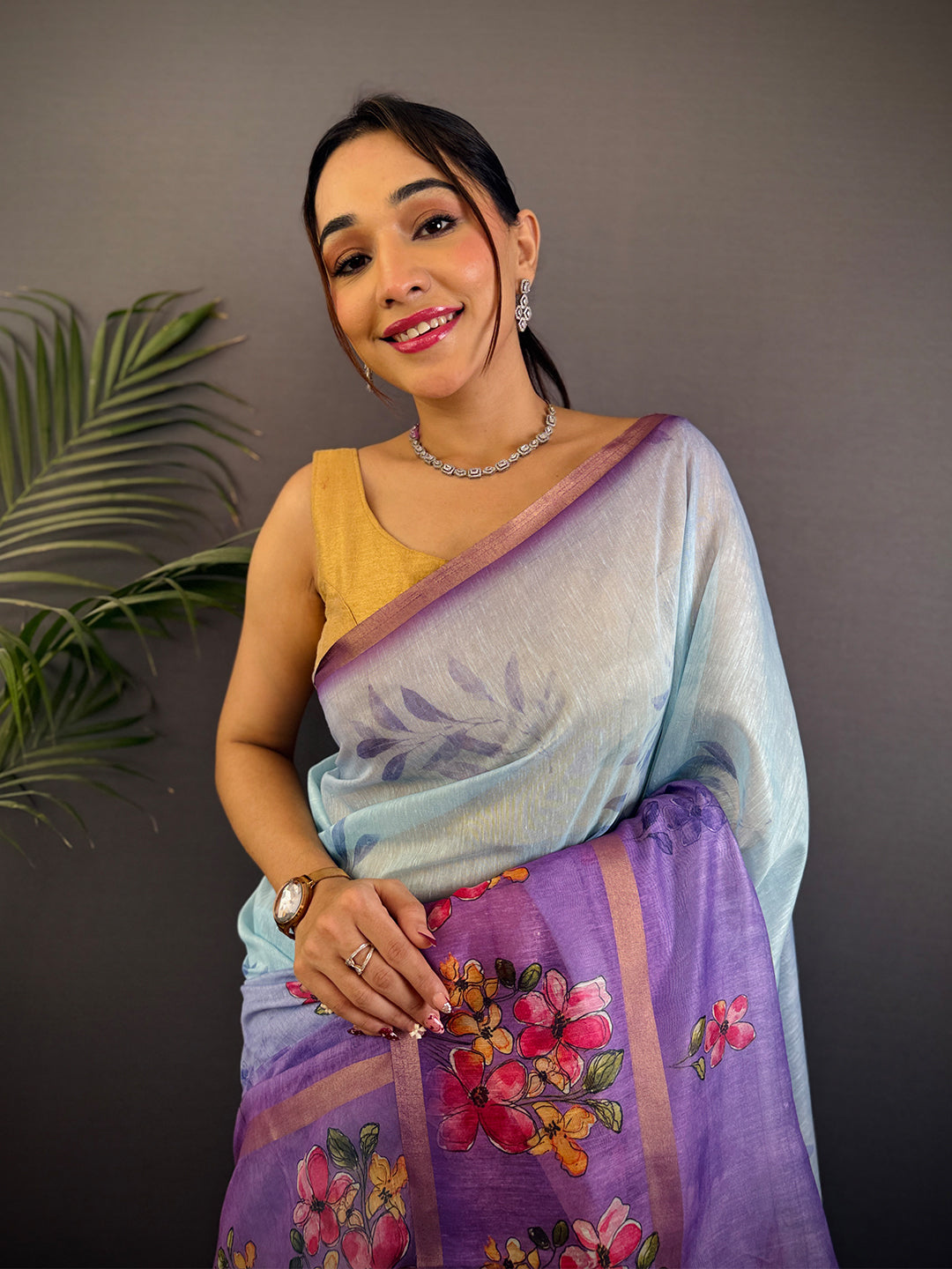 Sky Blue Linen Chanderi Floral Print Saree