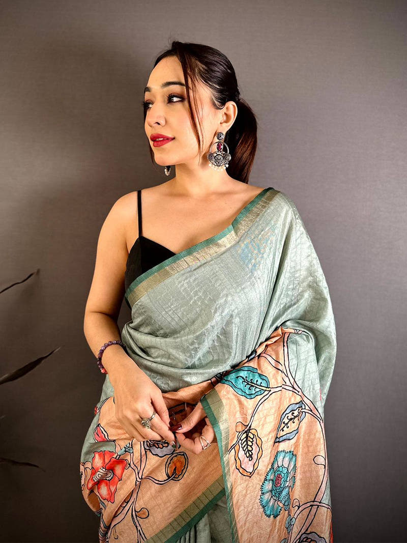 Regal Tussar Ghicha Kalamkari Saree