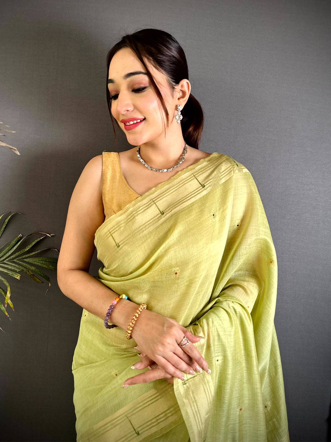 Pista Minakari Paithani Khadi Linen Saree
