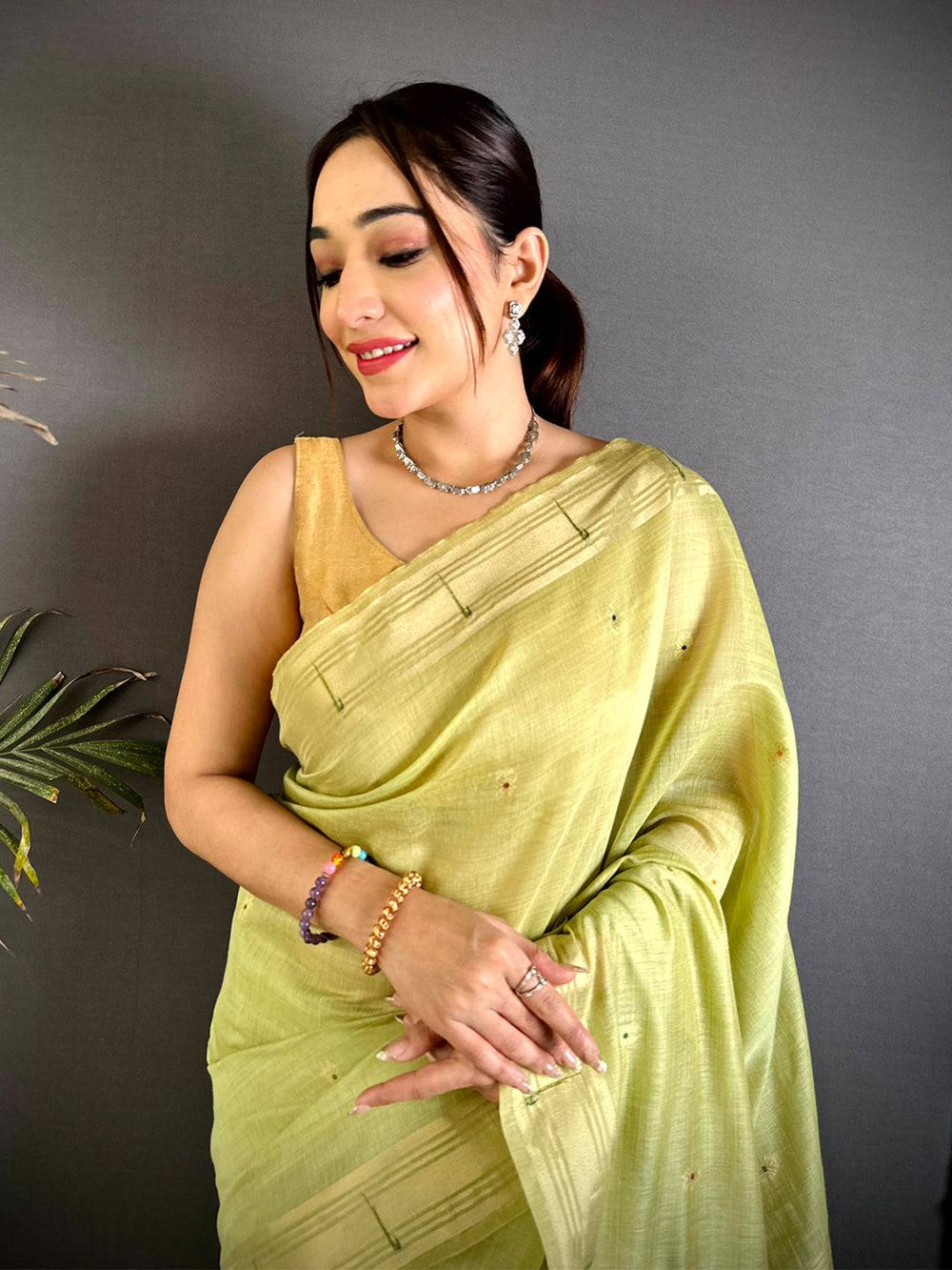 Pista Minakari Paithani Khadi Linen Saree