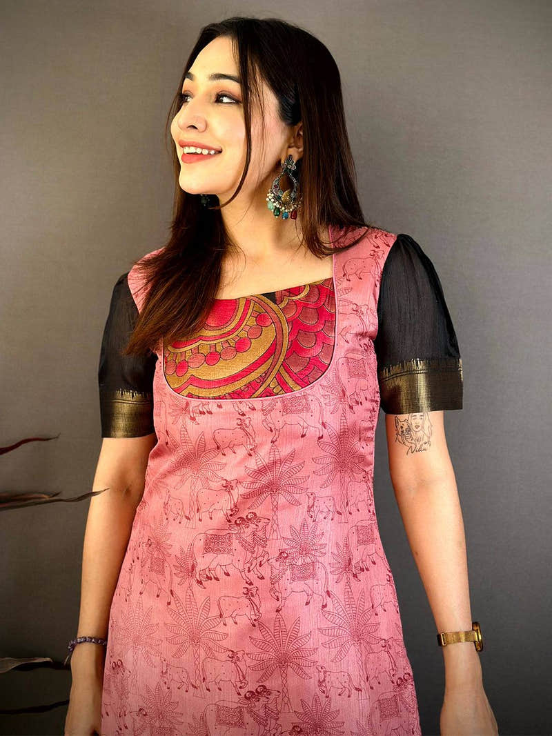 Dusty Rose Kota Doriya Print Dress with Black and Gold Border