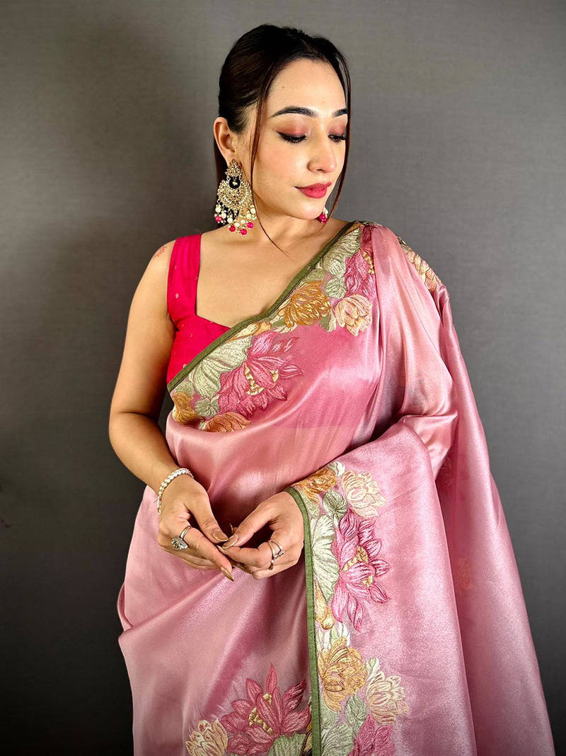 Pink Silky Tissue Resham Border Saree