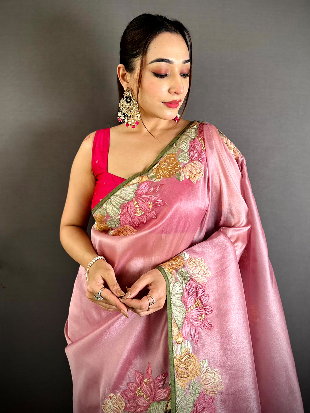 Pink Silky Tissue Resham Border Saree