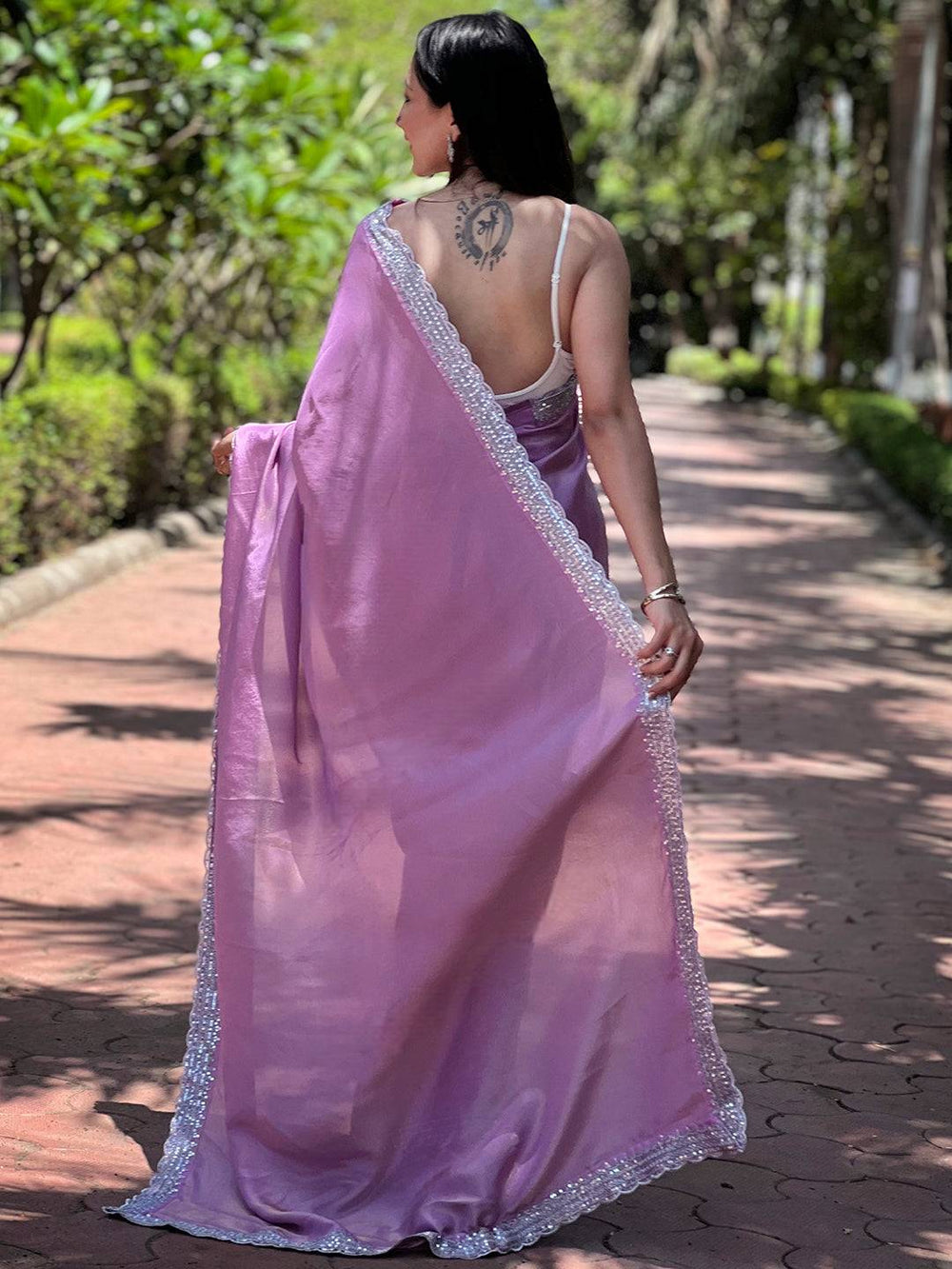 Back view of Salvia Lavender Viscose Saree with tattoo