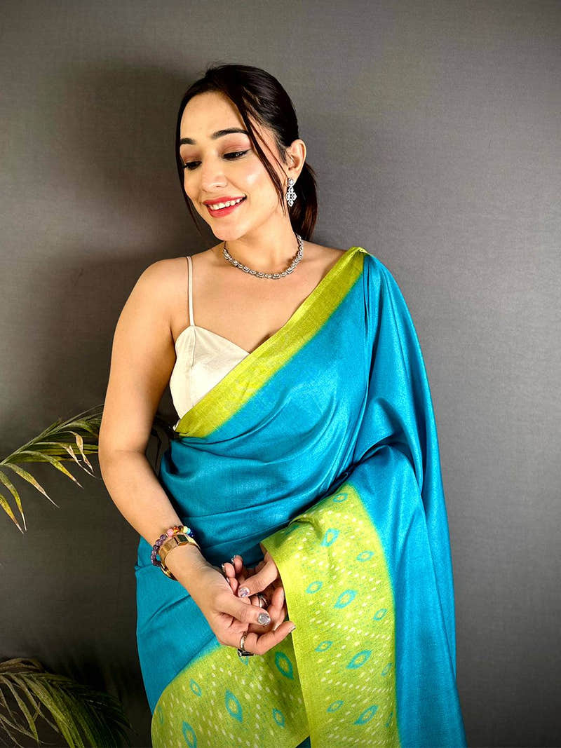 Sky Blue Soft Tussar Silk Ikkat Saree