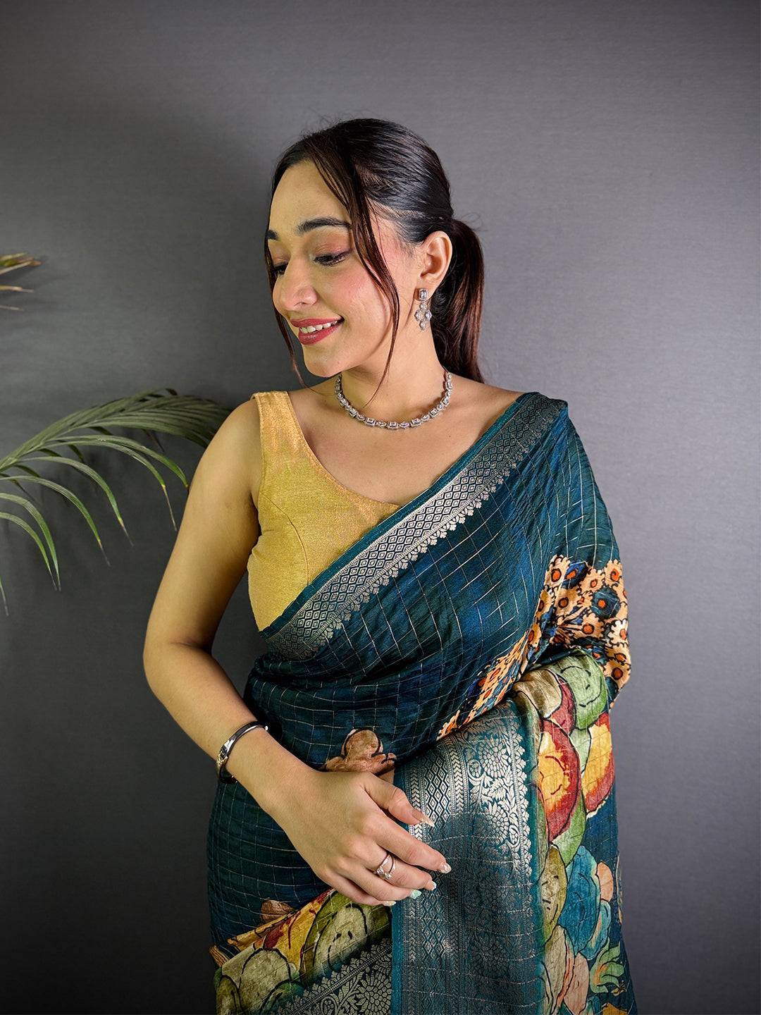 Green Pure Viscose Kalalmkari Print Saree

