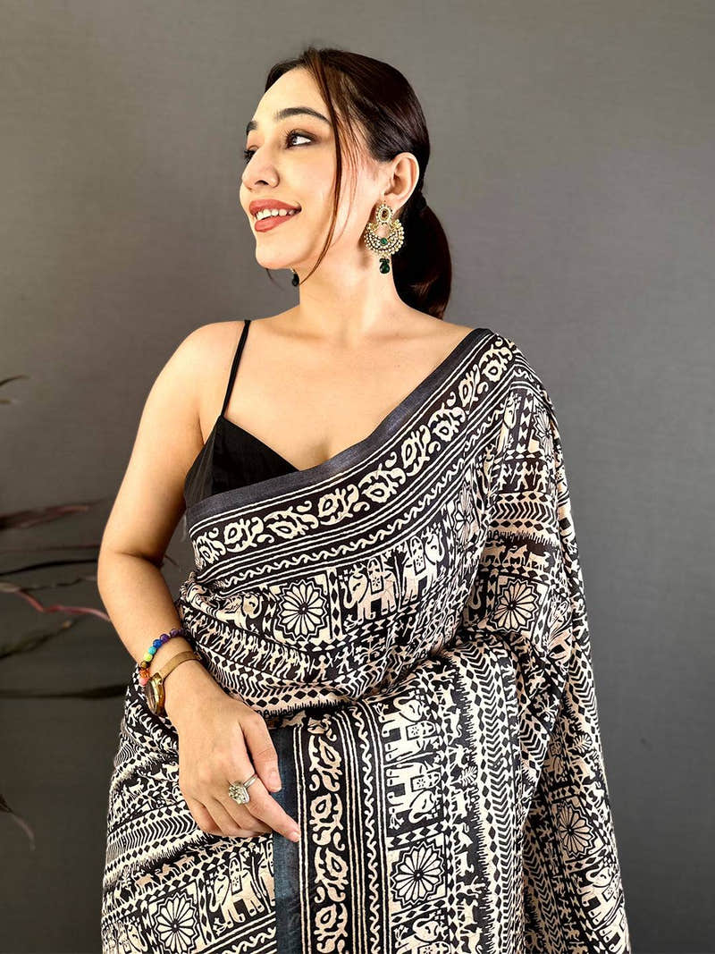 Black Ajrakh Print Semi Tussar Saree
