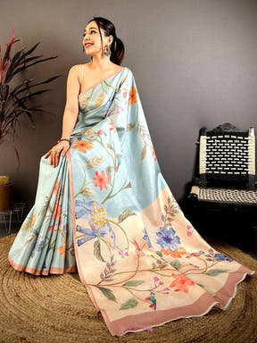 Sky Blue Tussar Floral Water Block Saree