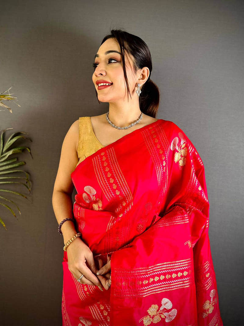 Red Sona Chandi Striped Silk Saree