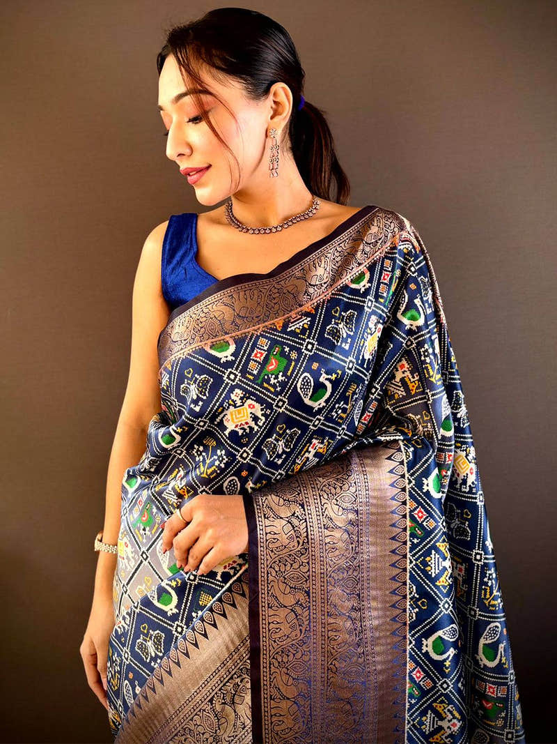Ombre Navy Soft Silk Patola Print Saree
