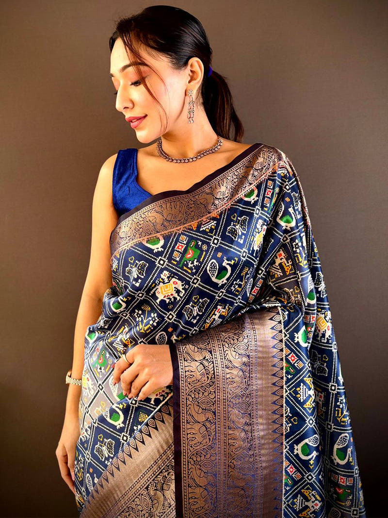 Ombre Navy Soft Silk Patola Print Saree

