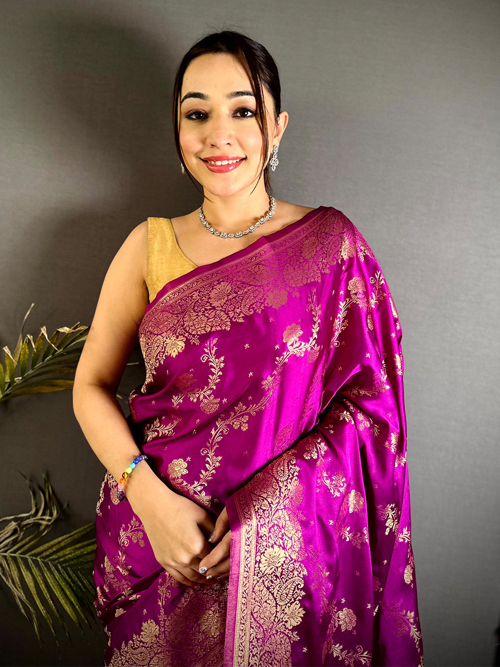 Magenta Satin Silk Zari Weave Saree