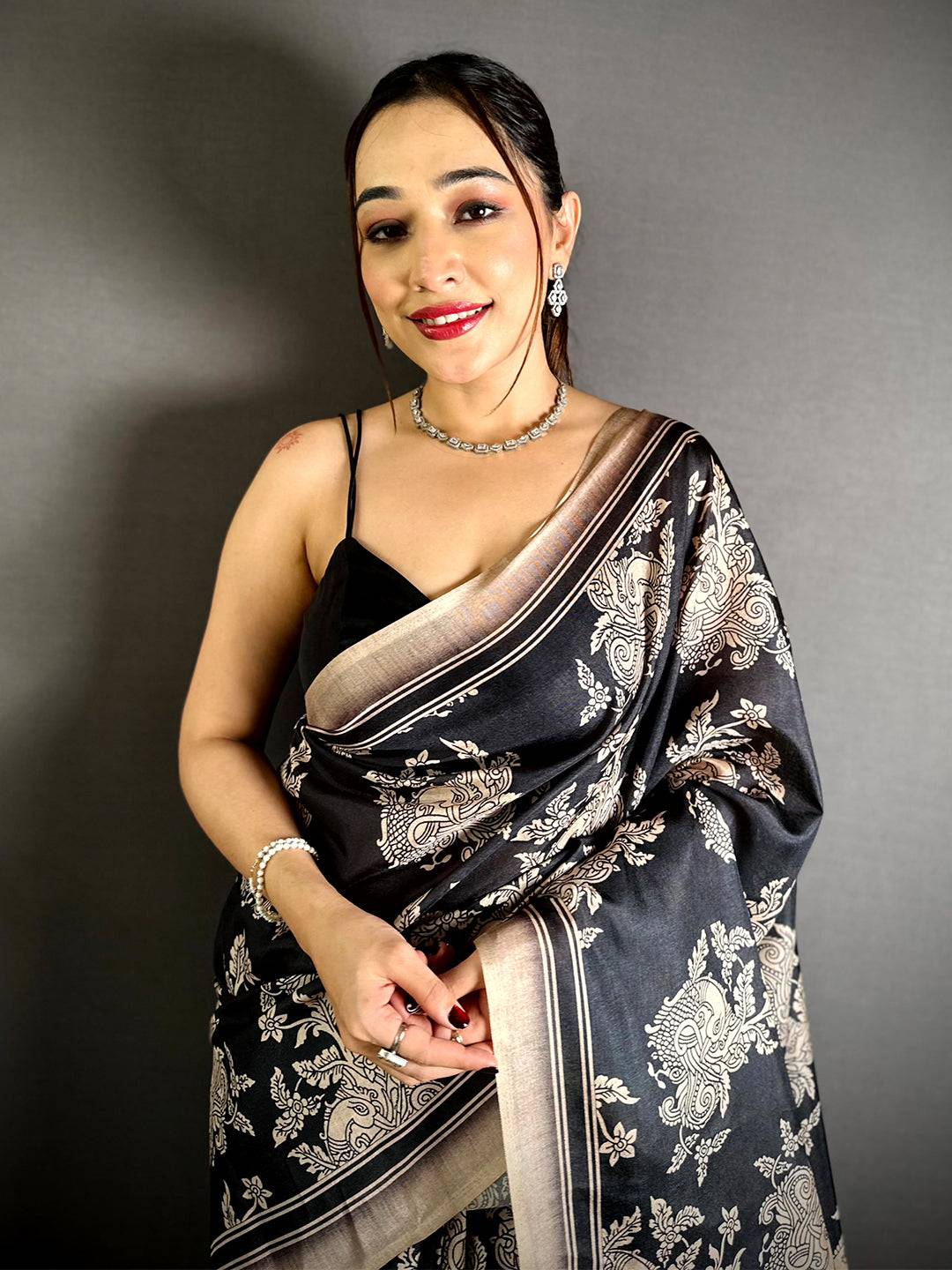 Classic Black Kalamkari Print Tussar Saree