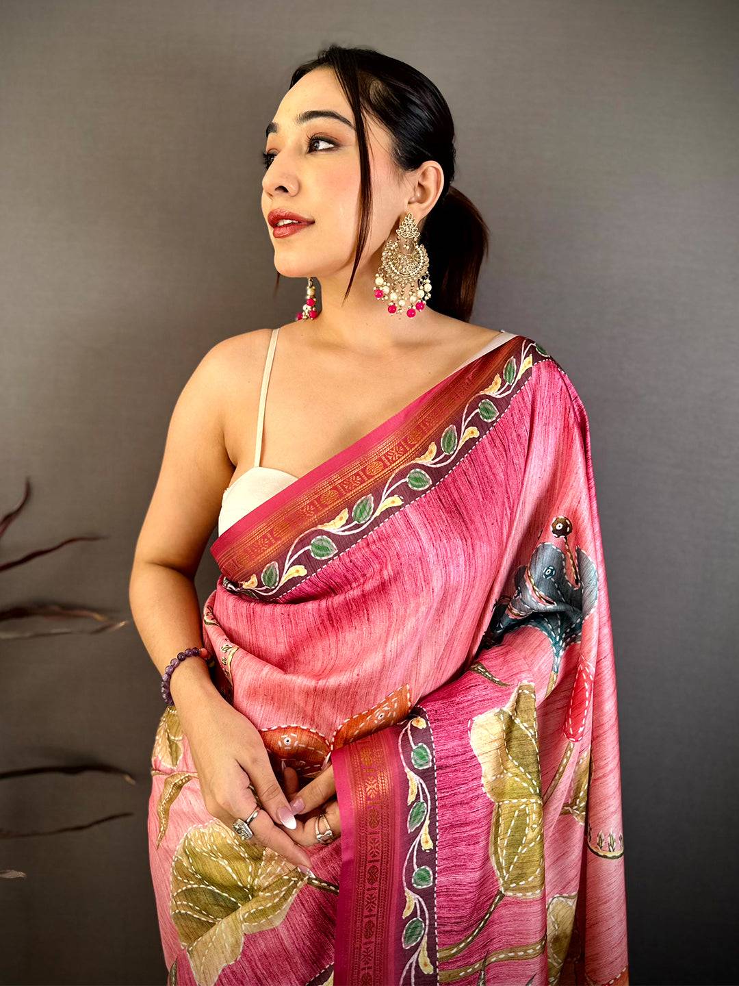 Vibrant Rudraksh Border Floral Silk Saree