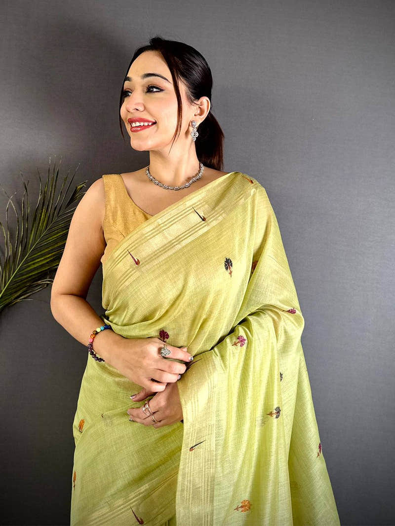 Lime Geometric Patola Khadi Linen Saree