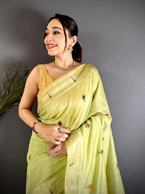 Lime Geometric Patola Khadi Linen Saree