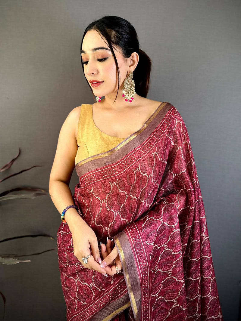 Wine Ajrakh Digital Print Kota Saree