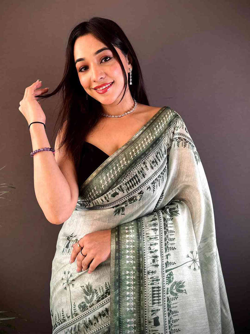 Sage Green Warli Art Tissue Chanderi Saree