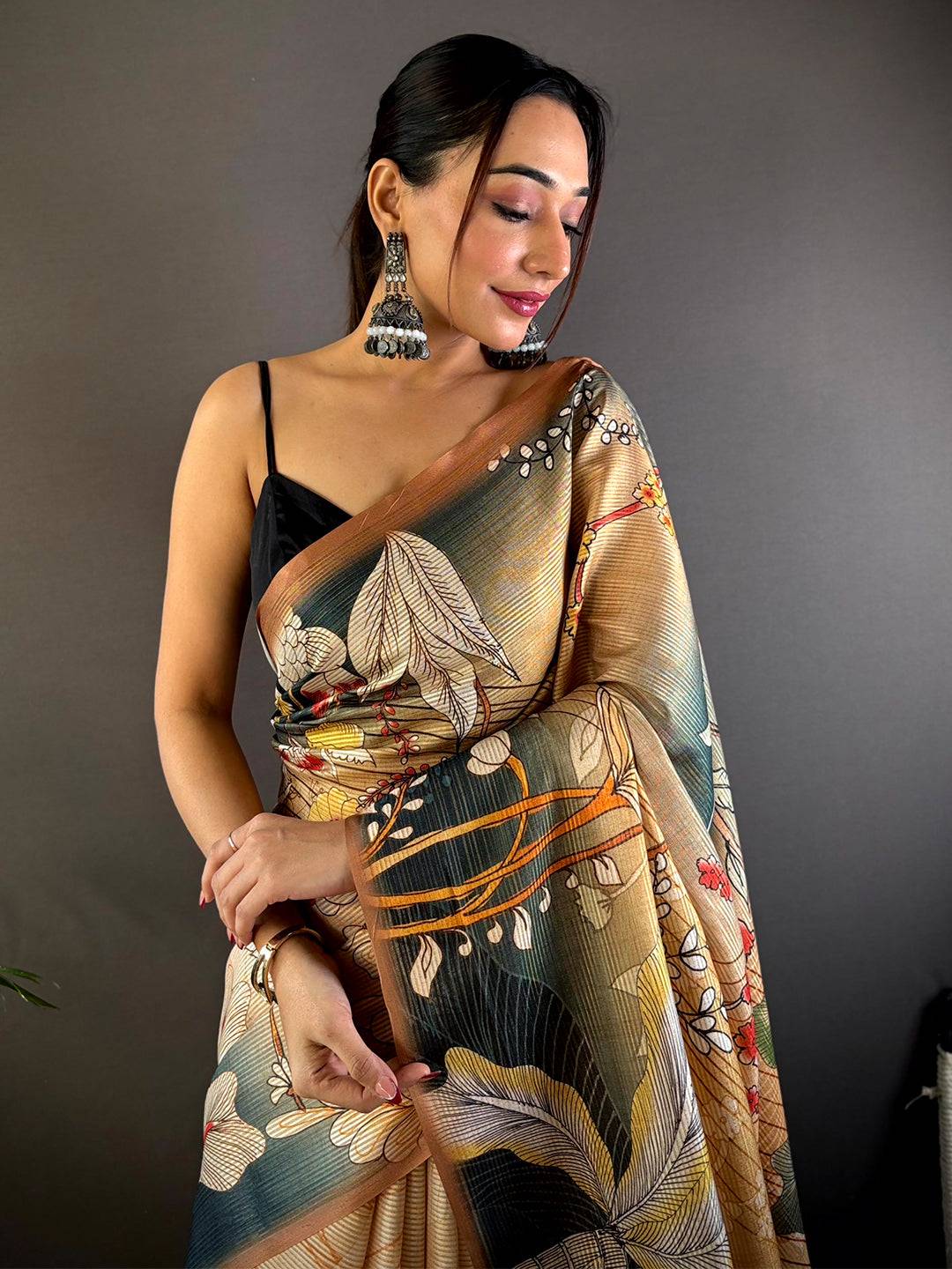 Peach Semi Gold Zari Botanical Tussar Saree
