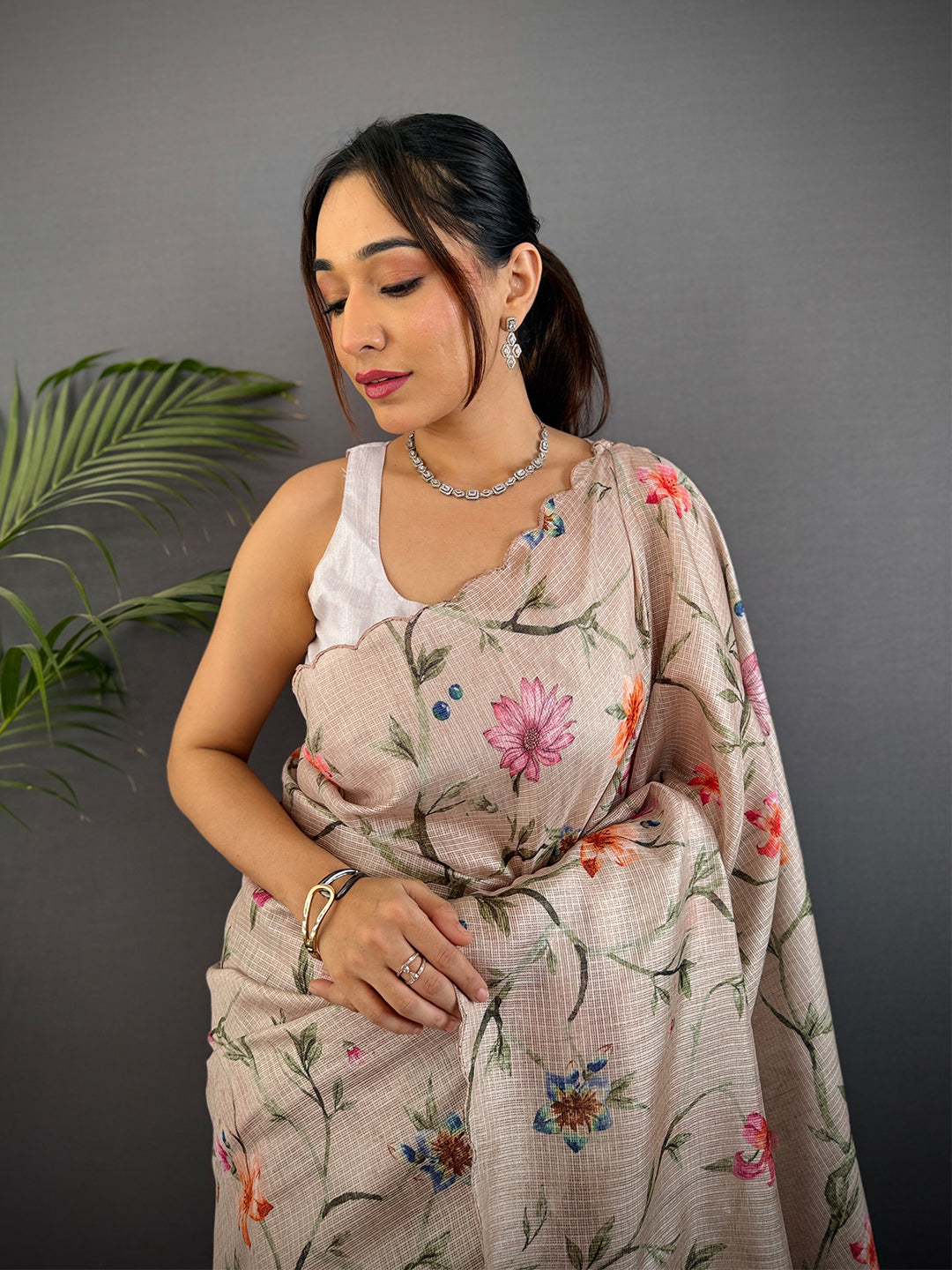 Beige Soft Kota Floral Print Saree