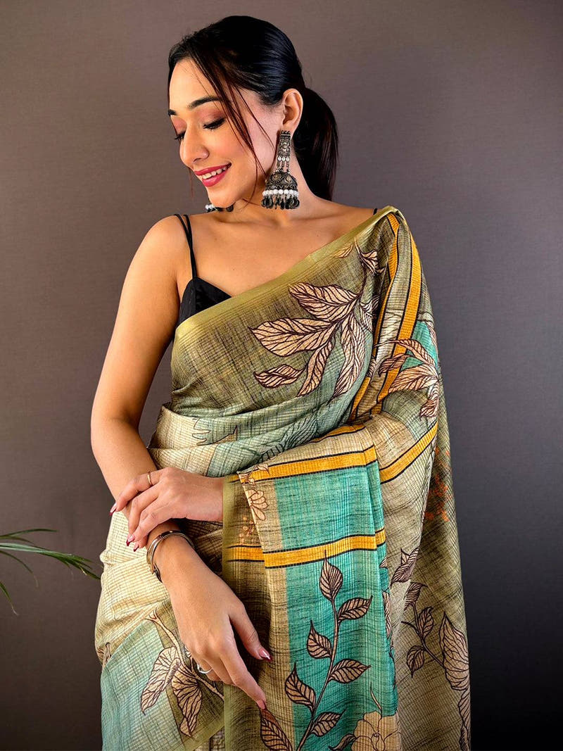 Green Abstract Floral Zari Tussar Saree

