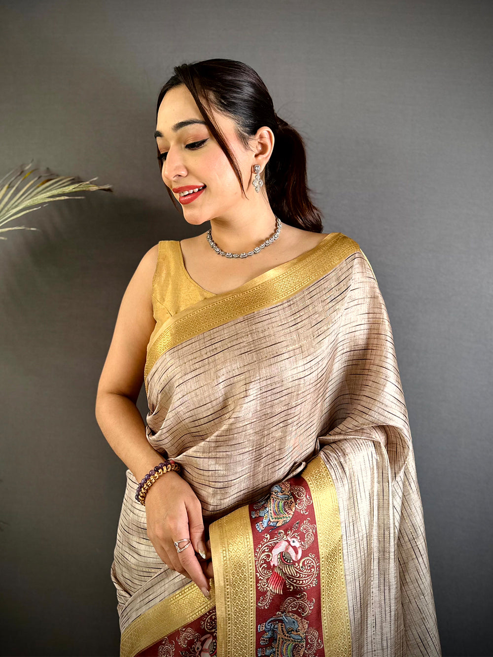 Champagne Beige Tanjore Print Silk Saree