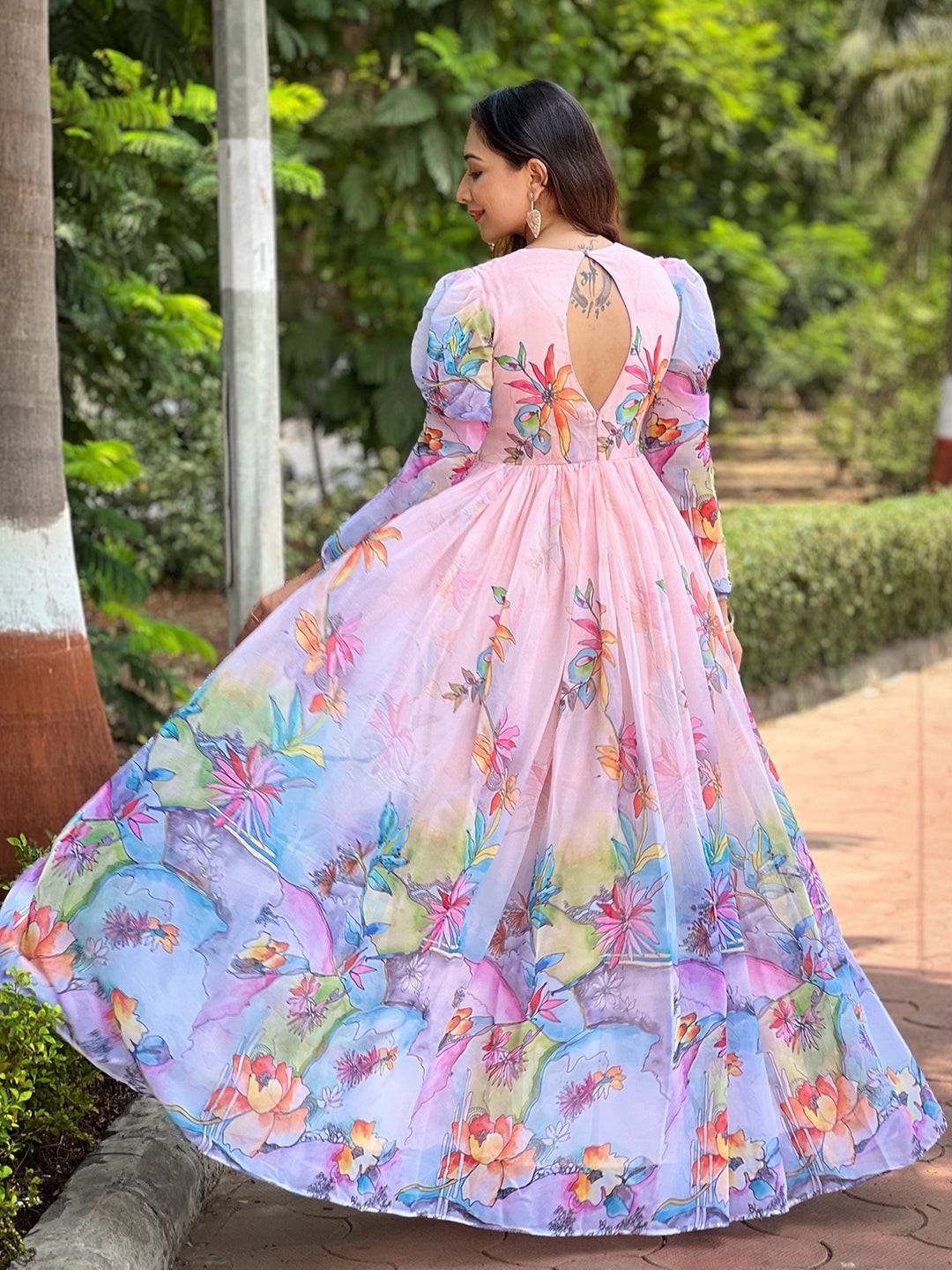 Back view of floral print dress with keyhole design
