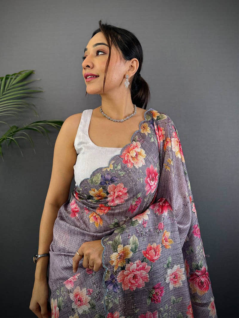 Dusty Lavender Floral Cut Work Kota Saree