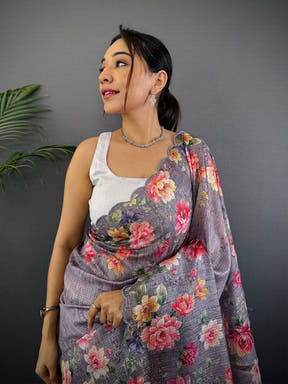 Dusty Lavender Floral Cut Work Kota Saree
