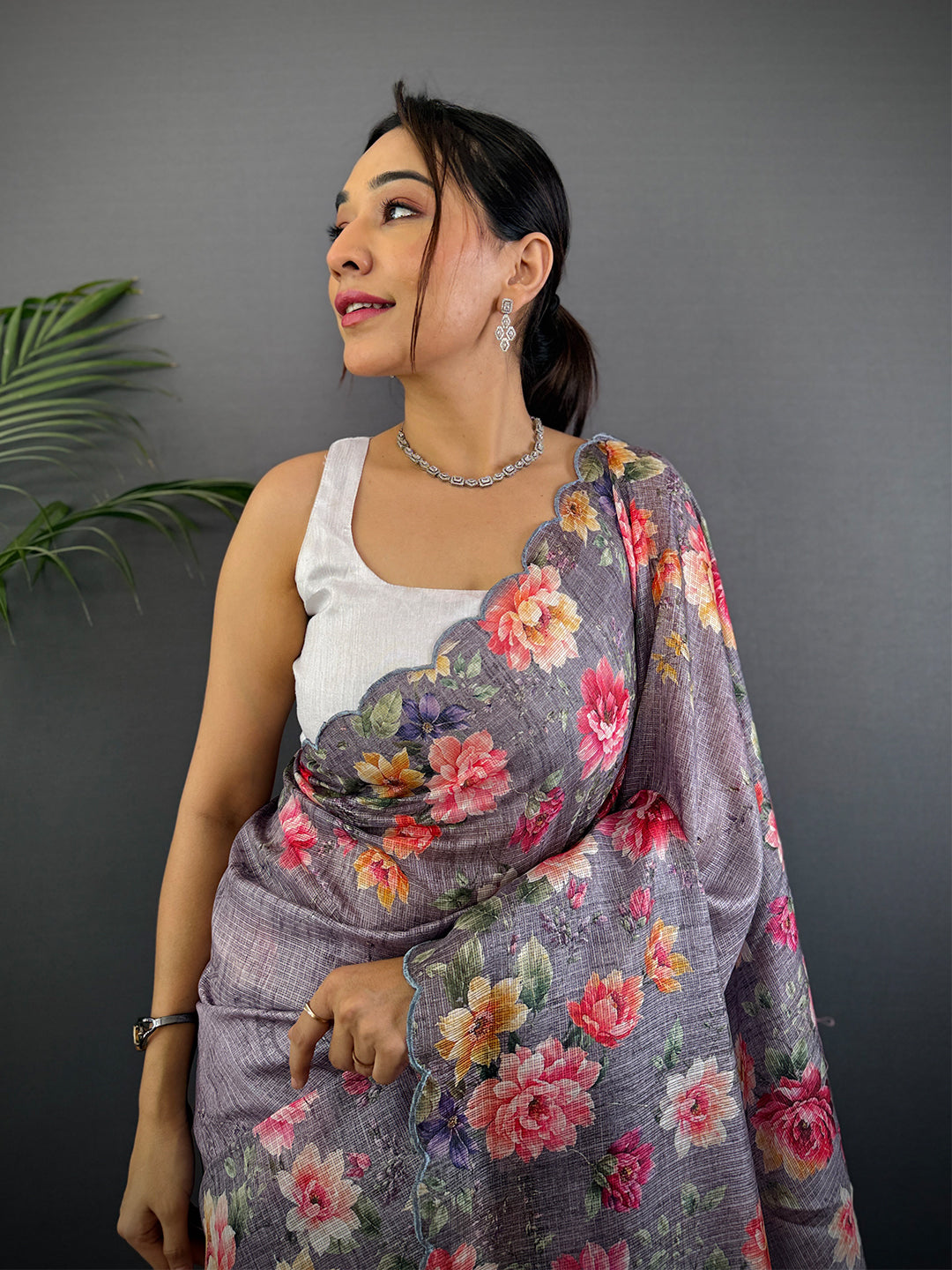 Dusty Lavender Floral Cut Work Kota Saree
