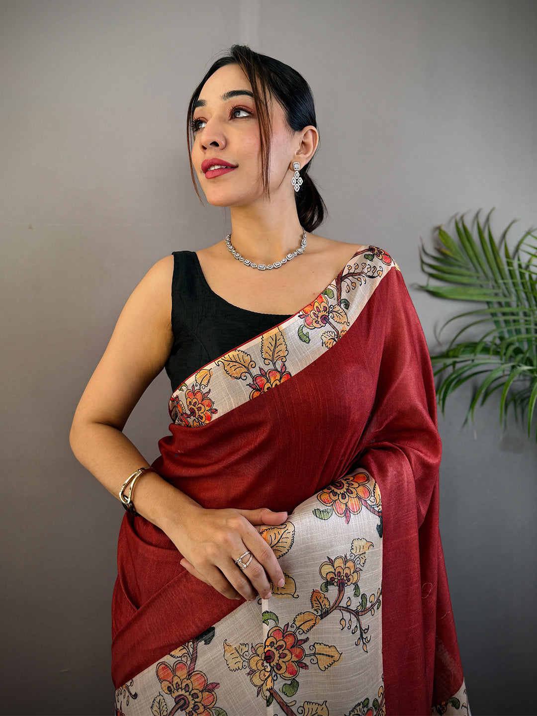 Maroon Linen Kalamkari Print Saree