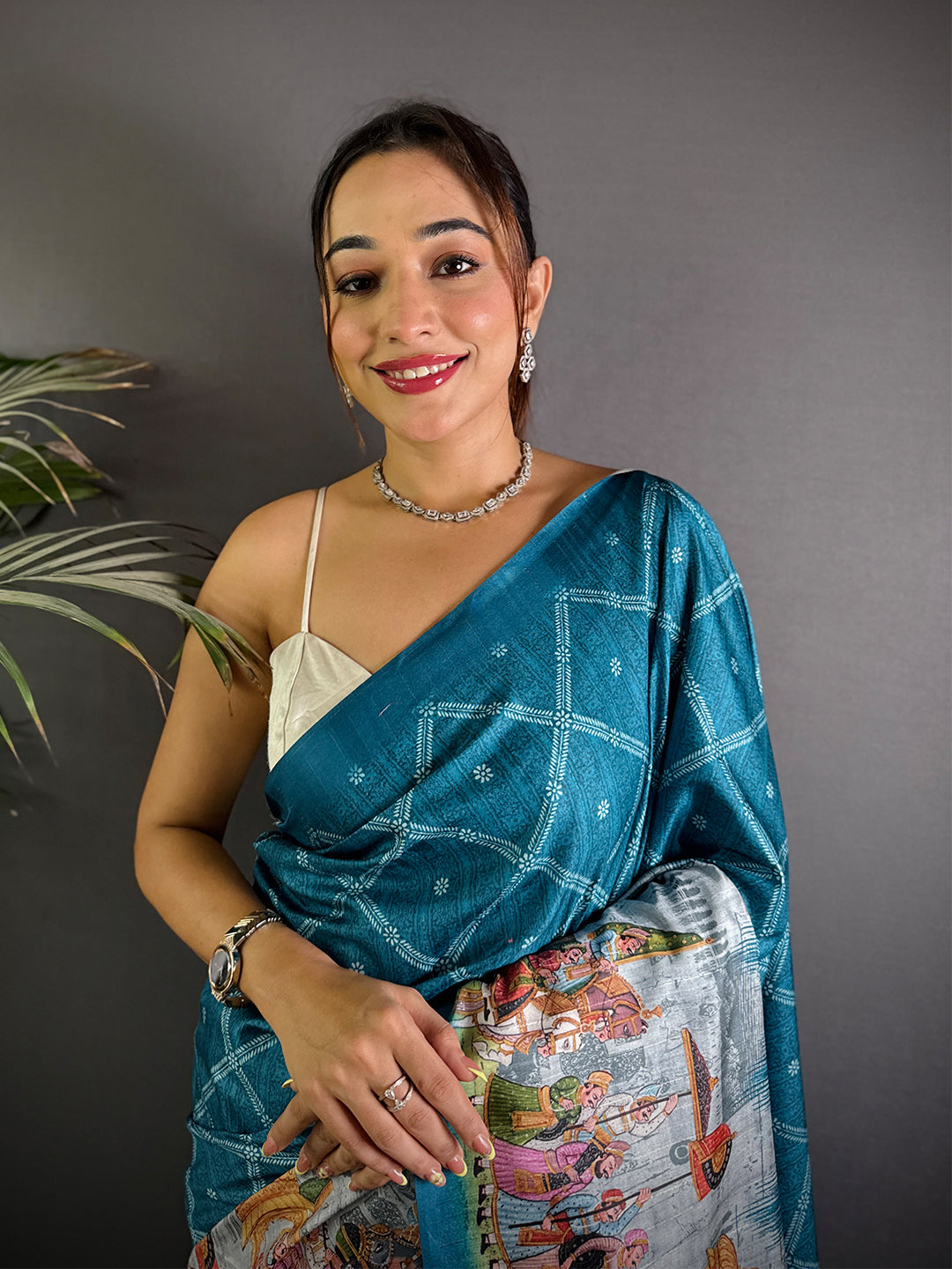 Teal Kalamkari Digital Printed Saree