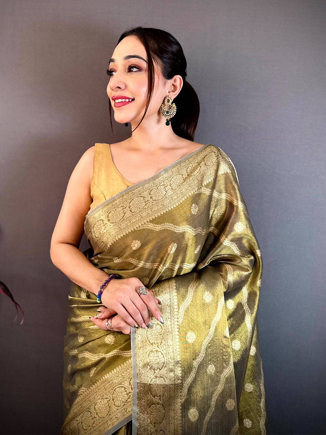 Olive Glass Crush Tissue Leheriya Saree