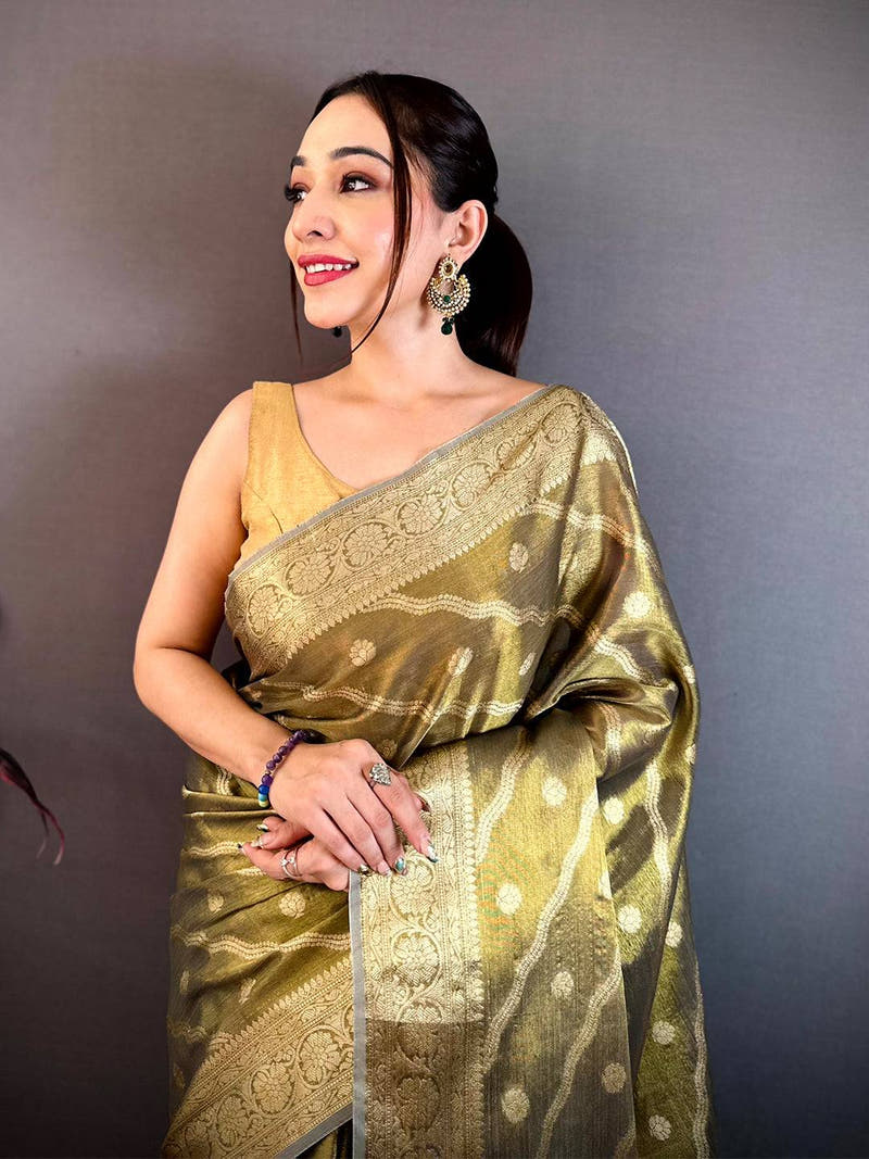 Olive Glass Crush Tissue Leheriya Saree