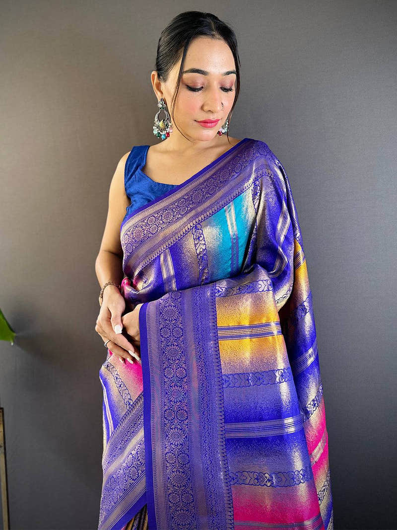 Regal Purple Stripes Banarasi Silk Saree