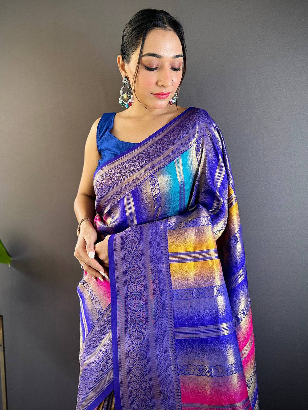 Regal Purple Stripes Banarasi Silk Saree