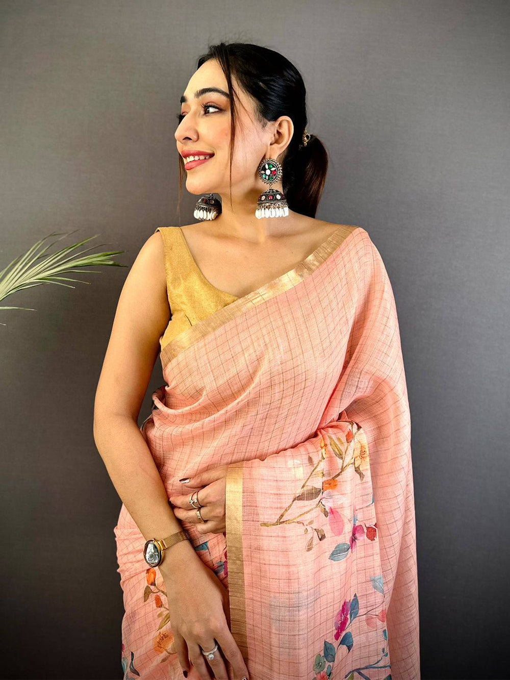 Peach Linen Chex Floral Saree