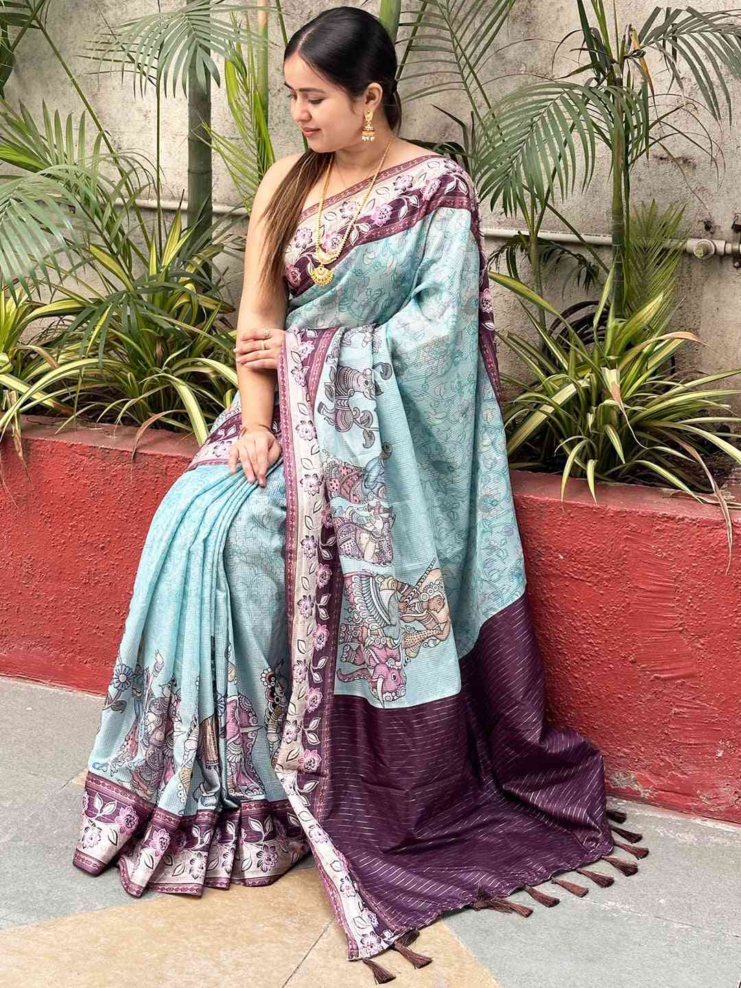 Stylish Kalamkari Saree in Turquoise Satin with Zari Pallu