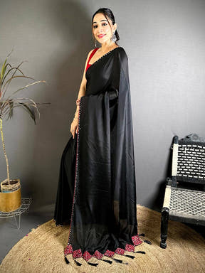 Black Vichitra Real Mirror Work Tassel Saree