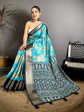 Aqua Dola Big Floral Zari Kanchi Saree