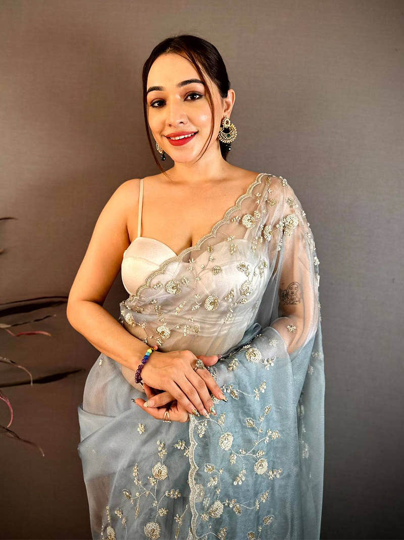 Grey Pearl Sequin Embroidered Organza Saree