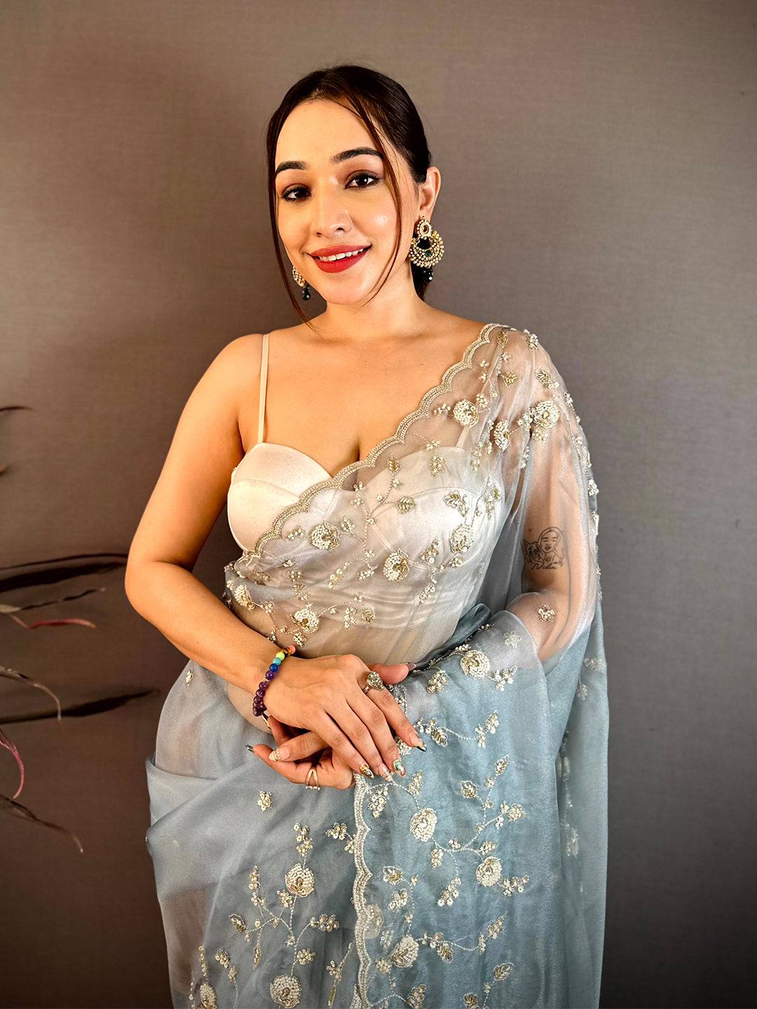 Grey Pearl Sequin Embroidered Organza Saree