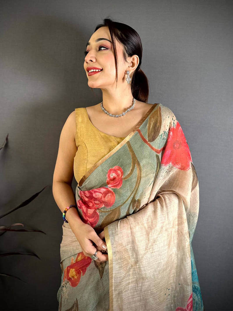 Sea Green Gold Zari Linen Chanderi Saree