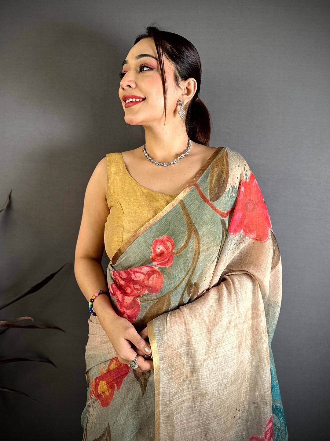 Sage Green Gold Zari Linen Chanderi Saree


