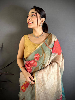 Sage Green Gold Zari Linen Chanderi Saree


